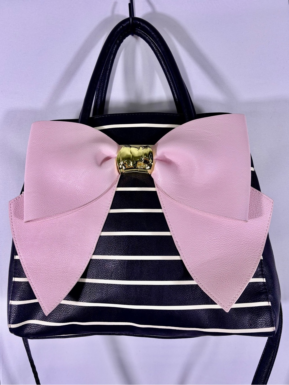 NWT Betsey Johnson Bow Satchel Bag Black Stripe Pink Coquette Crossbody